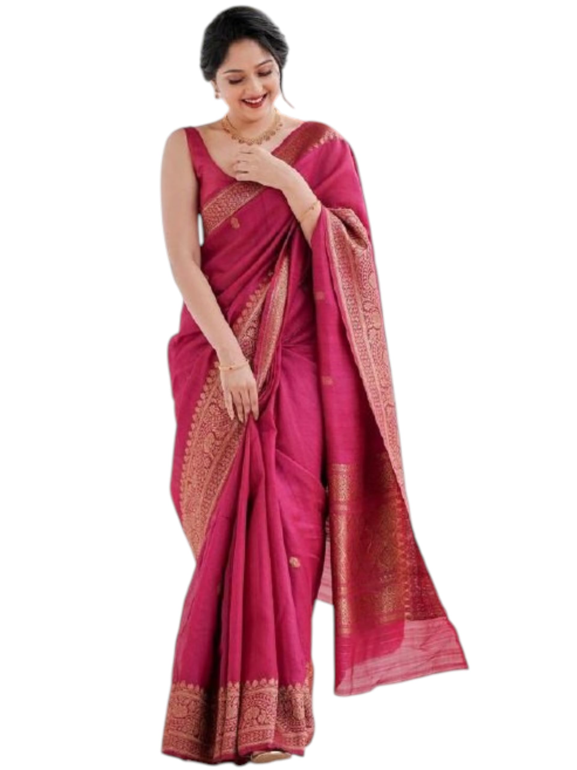 flosive Women's Rani Pink Kanjivaram Silk Saree With Zari Weaving Work-picture-32