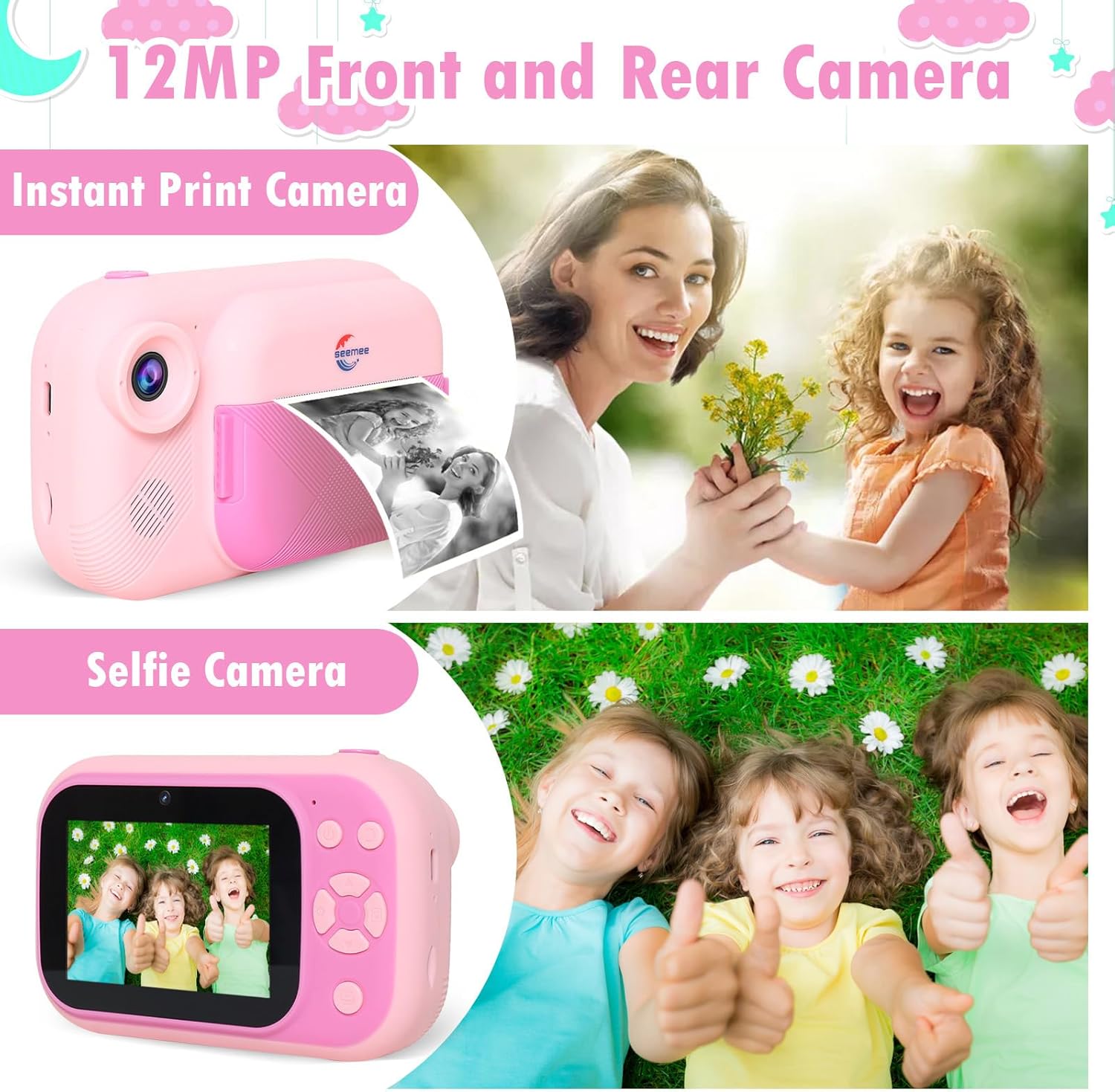 Instant Print Camera for Girls with 3.5" Large Screen, Christmas Halloween Birthday Gifts for Boys Girls 3 Years and Up, Front Rear Dual Cameras with 1080P Videos,32G Card and Charming Stickers(Pink) - Image 2