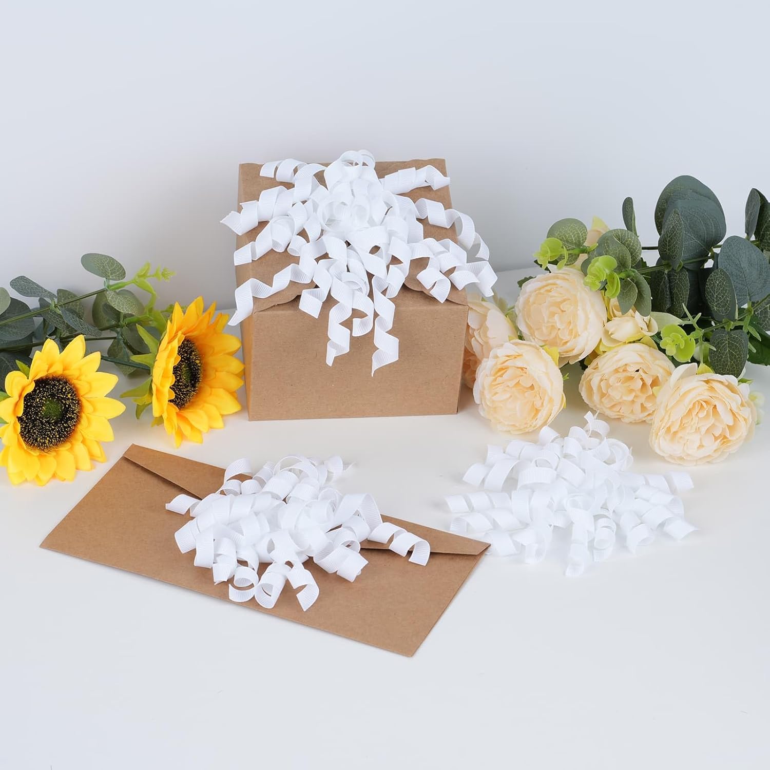 YKW Pure White Curly Gift Bows for Wrapping - 6 Pack Large 4" Self Adhesive Grosgrain Ribbon Bows for Wedding, Bridal Shower, Winter Holiday & Elegant Gift Decorations