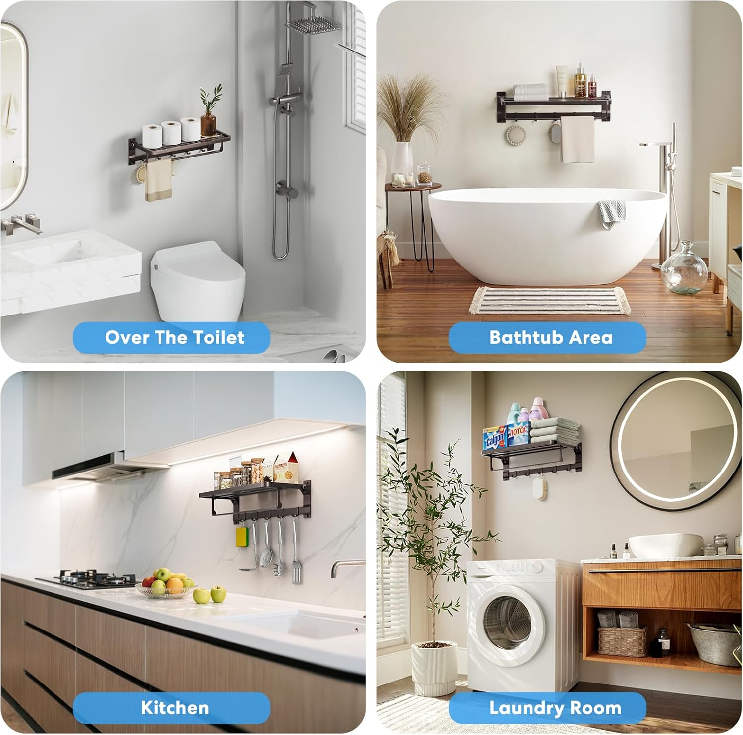 90° Foldable Towel Racks for Bathroom Wall Mounted with Rustproof Aluminum Towel Bar5 Towel Hooks 23IN Shelves Organizers Storage for RV Hotel Lavatory Kitchen Home Decor, Matte Gun Grey