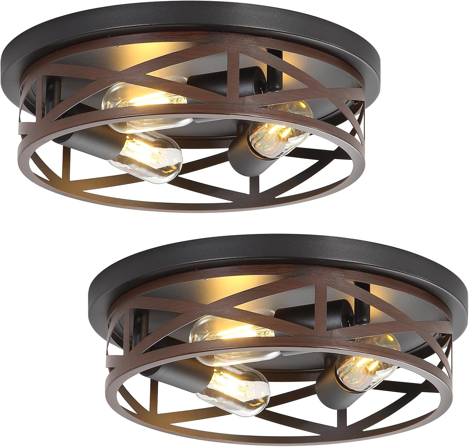 13 Inch Farmhouse Close to Ceiling Light Fixtures, Metal Cage Flush Mount Ceiling Light 3-Lights, Black Industrial Semi Flush Mount Ceiling Light for House Hallway Kitchen Bedroom, 2 Pack