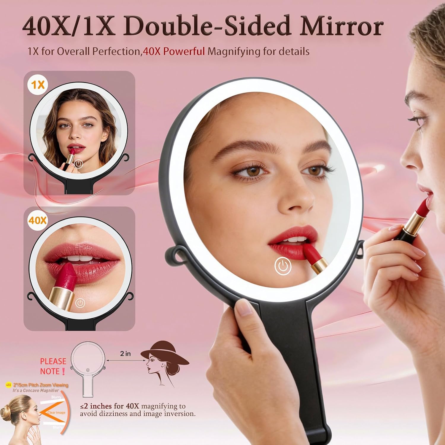 Travel Makeup Mirror with Lights & Foldable Stand, 6" Double Sided 1X/40X Magnifying Portable Lighted Hand Mirror for Men Women, 1X Full Face & 40X POWERFUL Magnification Only for Details Checking