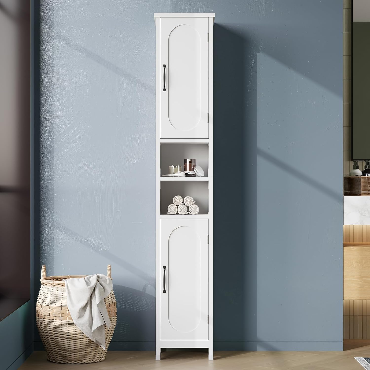 67" Tall Bathroom Storage Cabinet with Lights, Slim Narrow Bathroom Cabinet Organizer with Doors and Adjustable Shelves, Tall Cabinet for Small Space (66.9" Tall-White with Light) | with Lights, Slim, Narrow, with Doors, Adjustable Shelves, Tall Cabinet