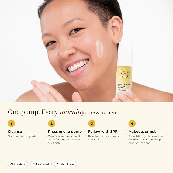 Hey Honey Good Morning Honey Silk Face Serum Skin Barrier Vitamin C & Hyaluronic Acid Serum with Biomimetic Squalane Glow, Long-Lasting Hydration & Makeup Primer for Sensitive Skin 1 Fl Oz