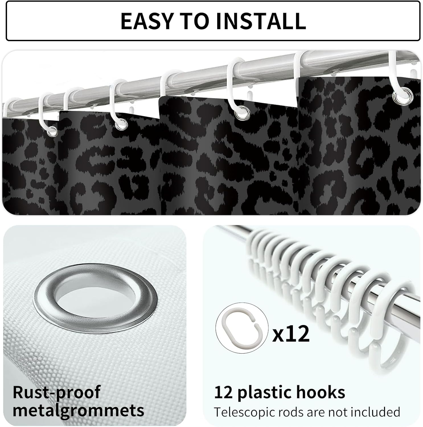 Shower Curtain for Bathroom, Cute Shower Curtain Sets with 12 Hooks, Waterproof Fabric Bath Curtain for Home, 72Wx72H Luxury Black Leopard