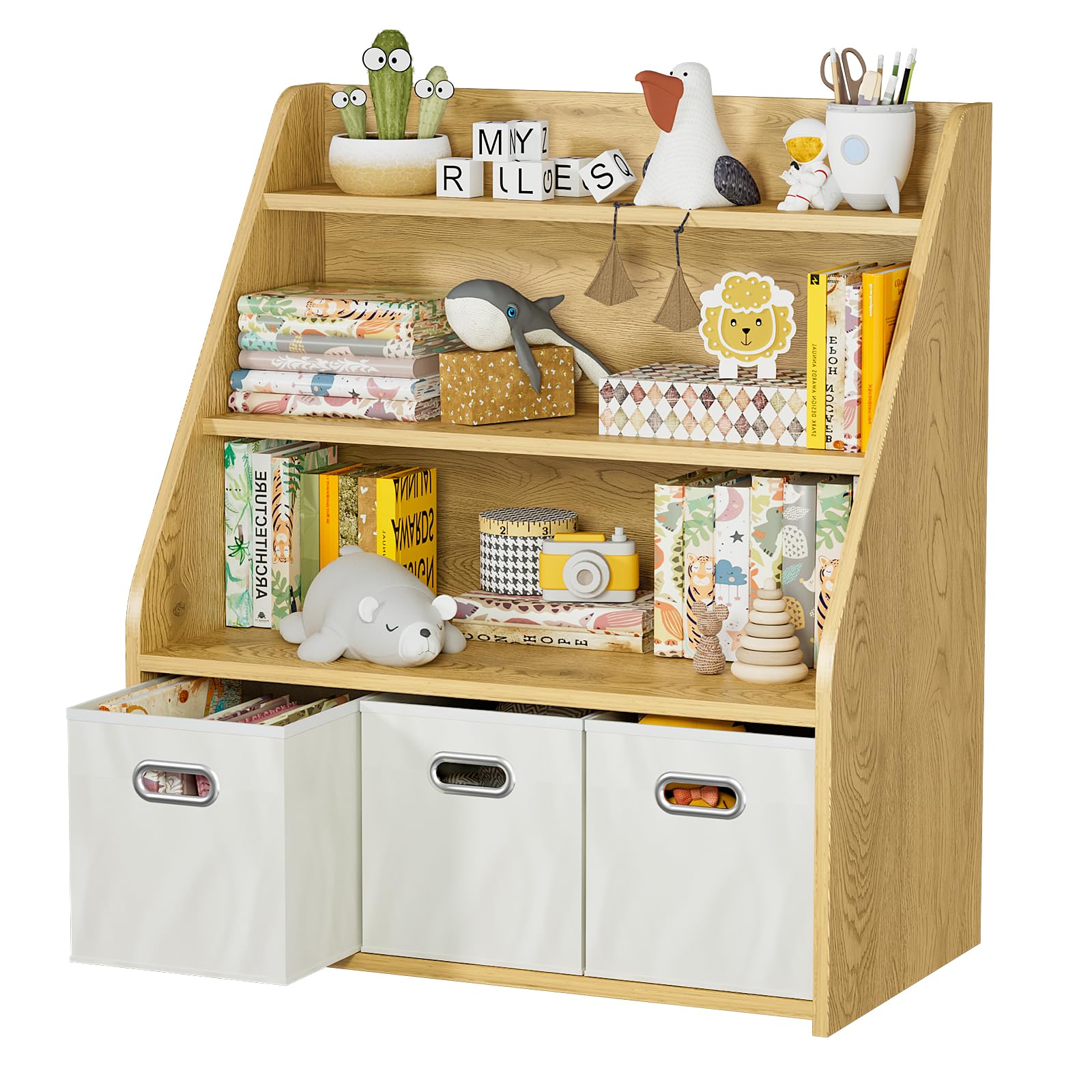 EFURDEN Organizador de Libros y Juguetes Montessori, Estantería Infantil con 3 Cajones de Madera - Sistema de Almacenamiento para Dormitorio, Decoración Habitación Niño/Niña
