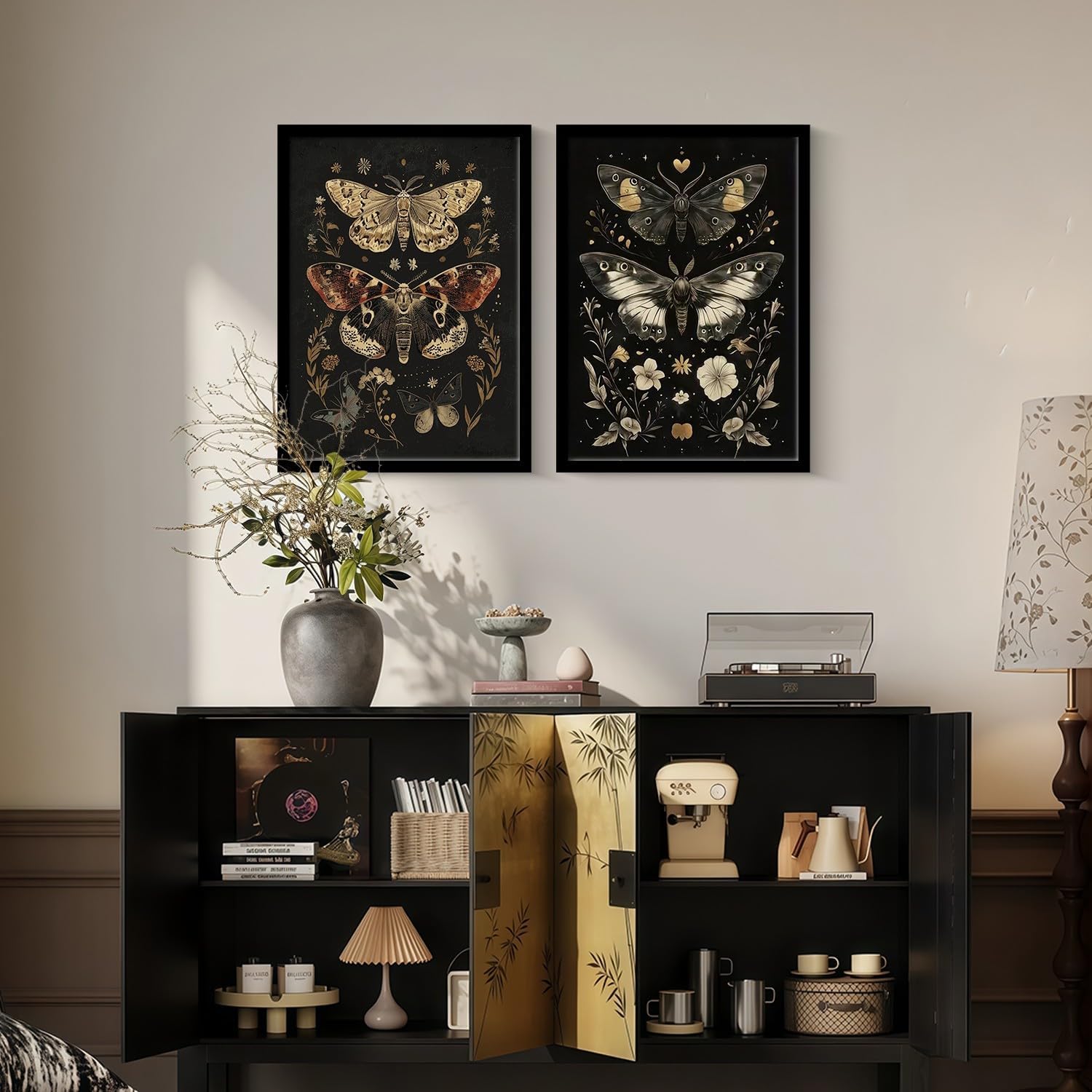 Framed Gothic Moth and Butterfly Decorative Canvas Print Plant and Insect Pattern Poster Wall Art Gallery Style Picture Hanging Decoration 12x16 inches Can be hung directly 2 pieces
