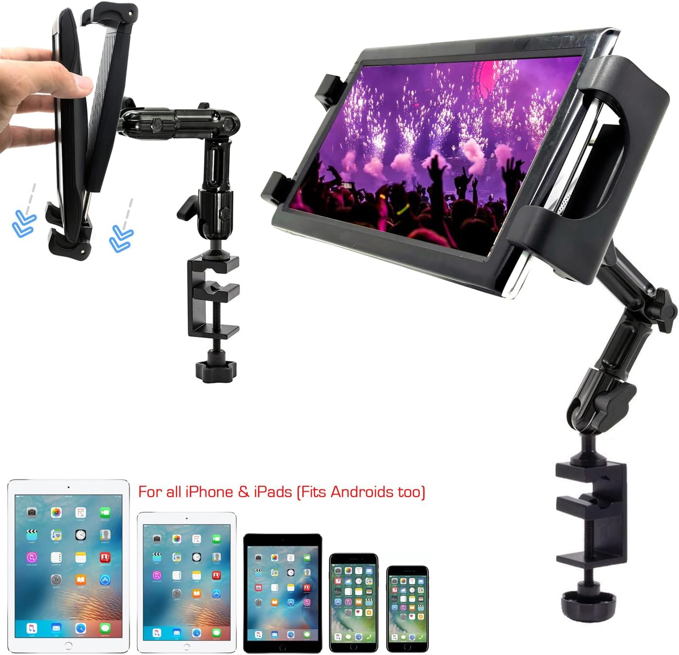 Heavy Duty Aluminum Alloy Pole/Bar Mic Microphone cymbal Stand Tablet Smartphone Holder Zoom Meeting Clamp Mount for All iPad Tablets & iPhone Pro Max Plus (All Generations)