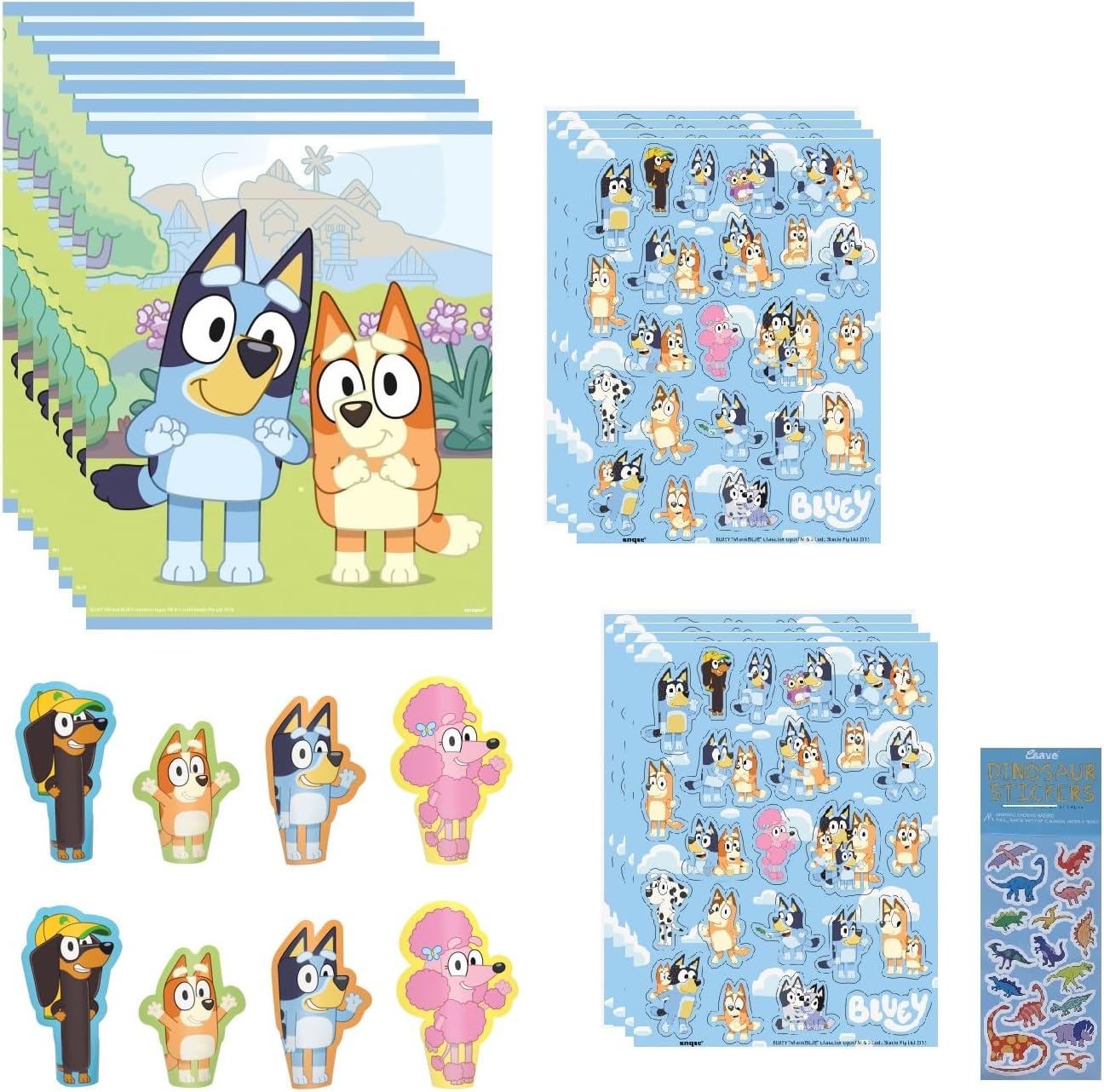 Bluey Birthday Party Supplies Bundle includes 8 Plastic Loot Bags, 8 Sticker Sheets, 8 Paper Finger Puppets, 1 Dinosaur Sticker Sheet