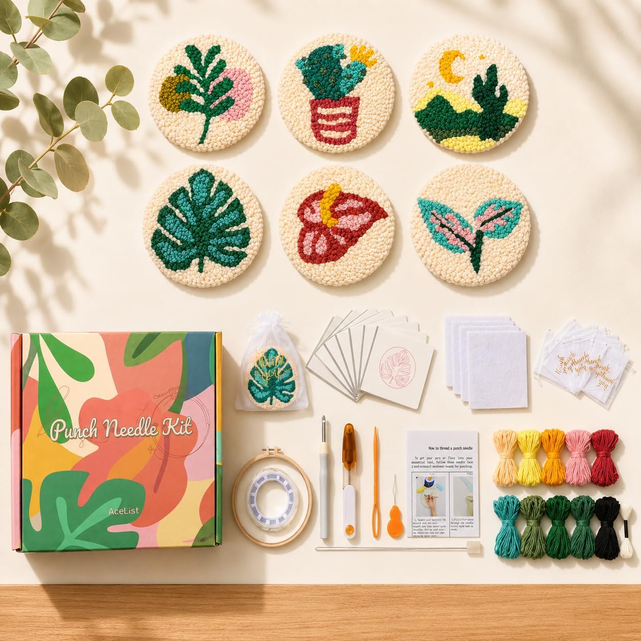 AceList Punch Needle Kit for Adults Beginners - 6 Plant Coasters Craft Kit, DIY Needlepoint Embroidery Set with Yarn, Hoop, Tools & Patterns, Relaxing Hobby & Birthday Gift for Women, Kids, Crafters