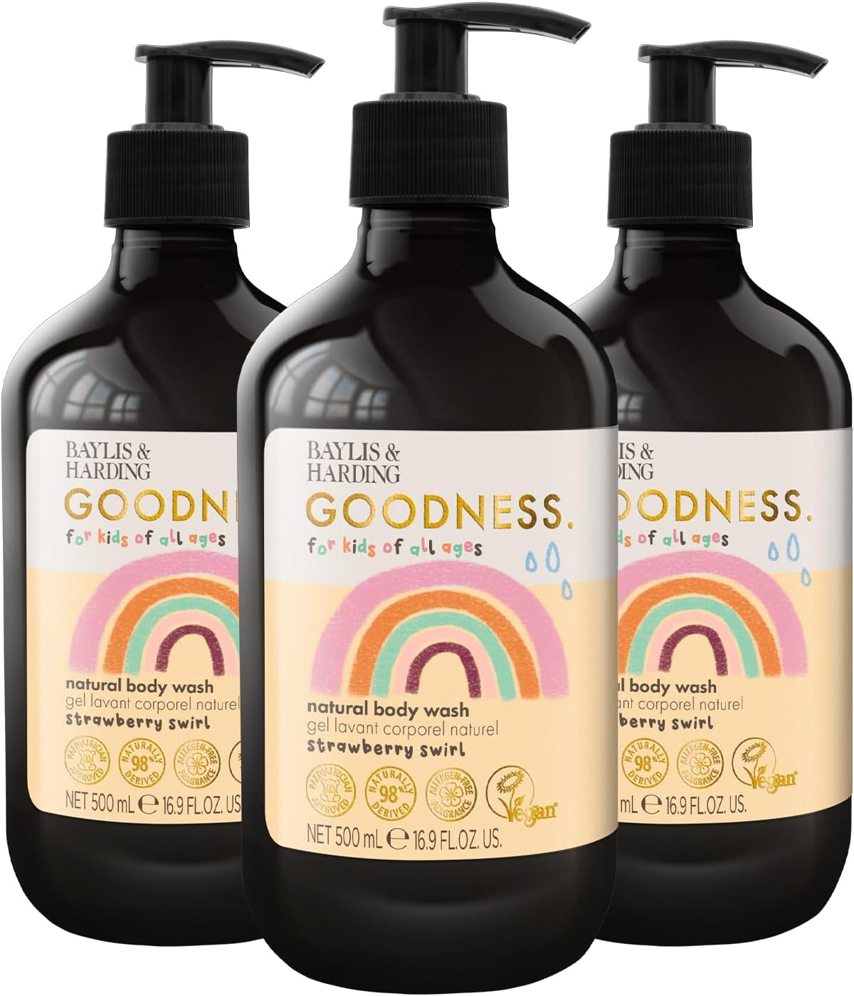 Goodness Kids Strawberry Swirl Natural Body Wash, 500 ml (Pack of 3) - Vegan Friendly