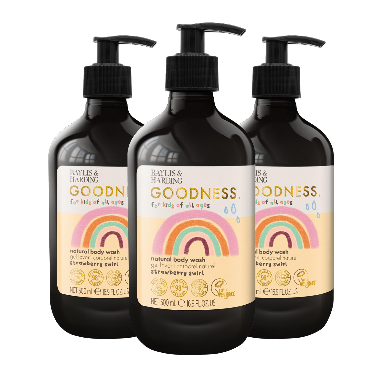 Goodness Kids Strawberry Swirl Natural Body Wash, 500 ml (Pack of 3) - Vegan Friendly