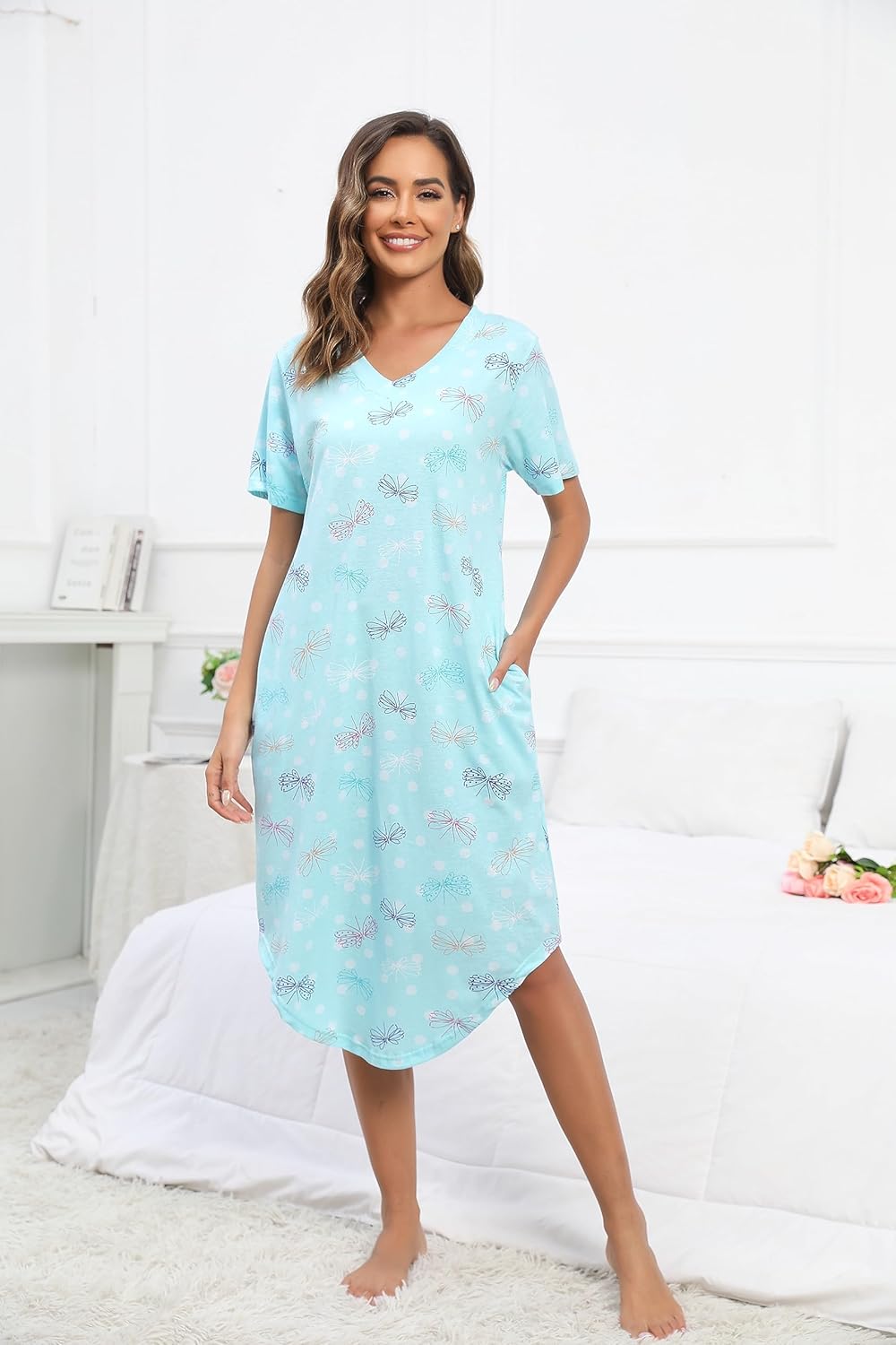 PNAEONG Women Short Sleeve Long Nightgown Soft Cotton Sleepwear Nightshirts Loungewear with Pockets - Image 3