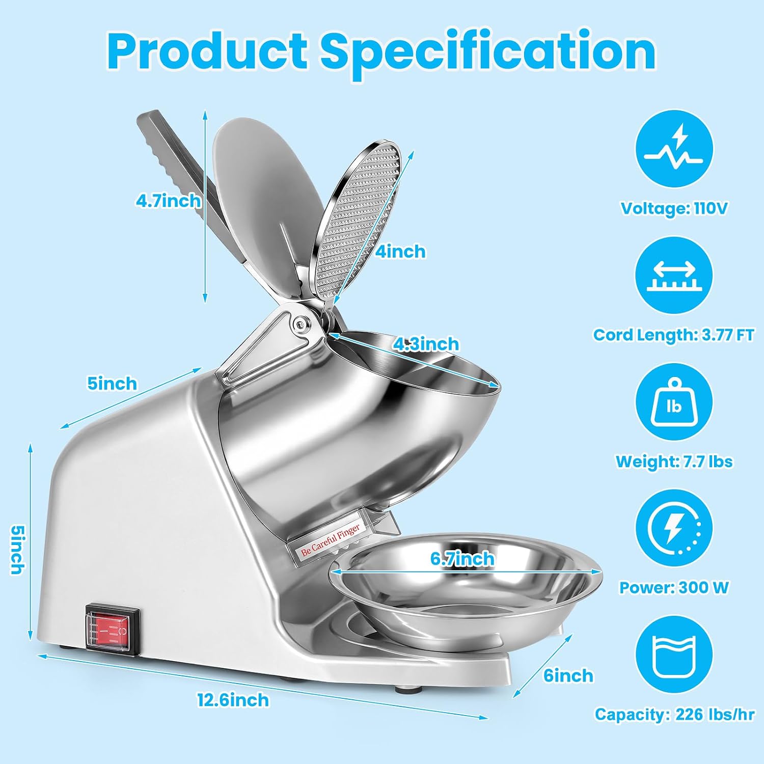 Electric Ice Shaver, 4-Blade Ice Crusher with Stainless Steel Four Blades & Ice Pick, 300W & 226 lbs/hr Shaved Ice Machine for Home and Commercial Use, ETL-Listed, Silver