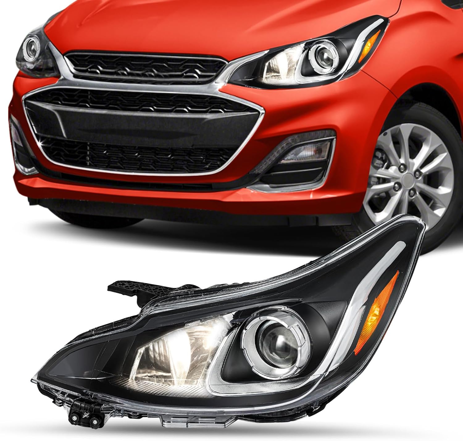 SOCKIR Headlight Assembly Compatible with 2019 2020 2021 2022 Chevy Spark LS/LT Headlight Halogen Chrome Housing, Left Driver Side, without bulbs