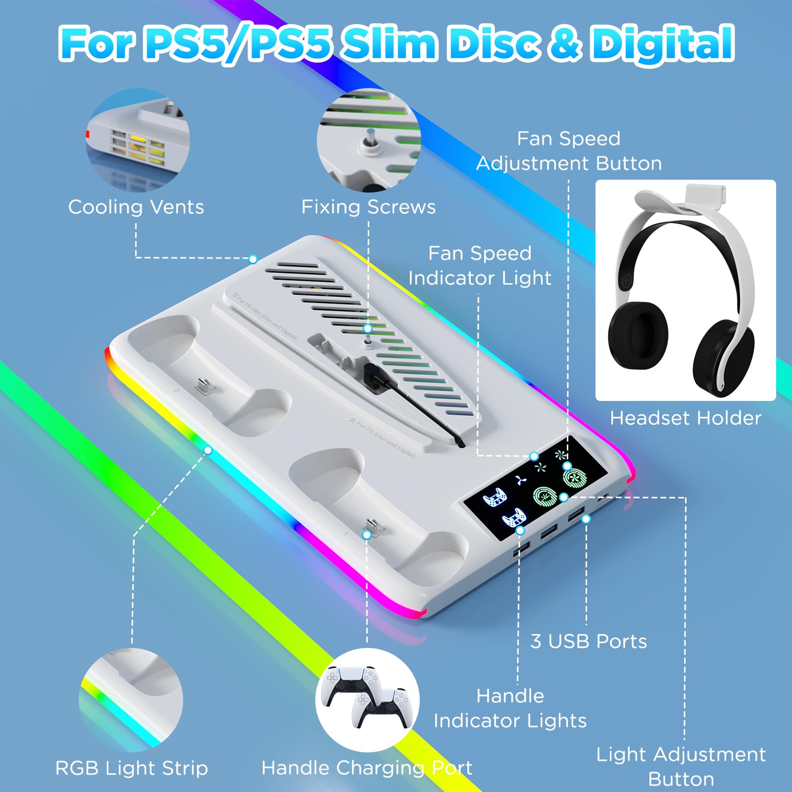 PS5/PS5 Slim Verticale Supporto di Raffreddamento, Stazione di raffreddamento per PS5/PS5 Slim con 3 Velocità, Ganci per Cuffie Stazione di Ricarica Doppio Controller, per Disc/Digital Edition