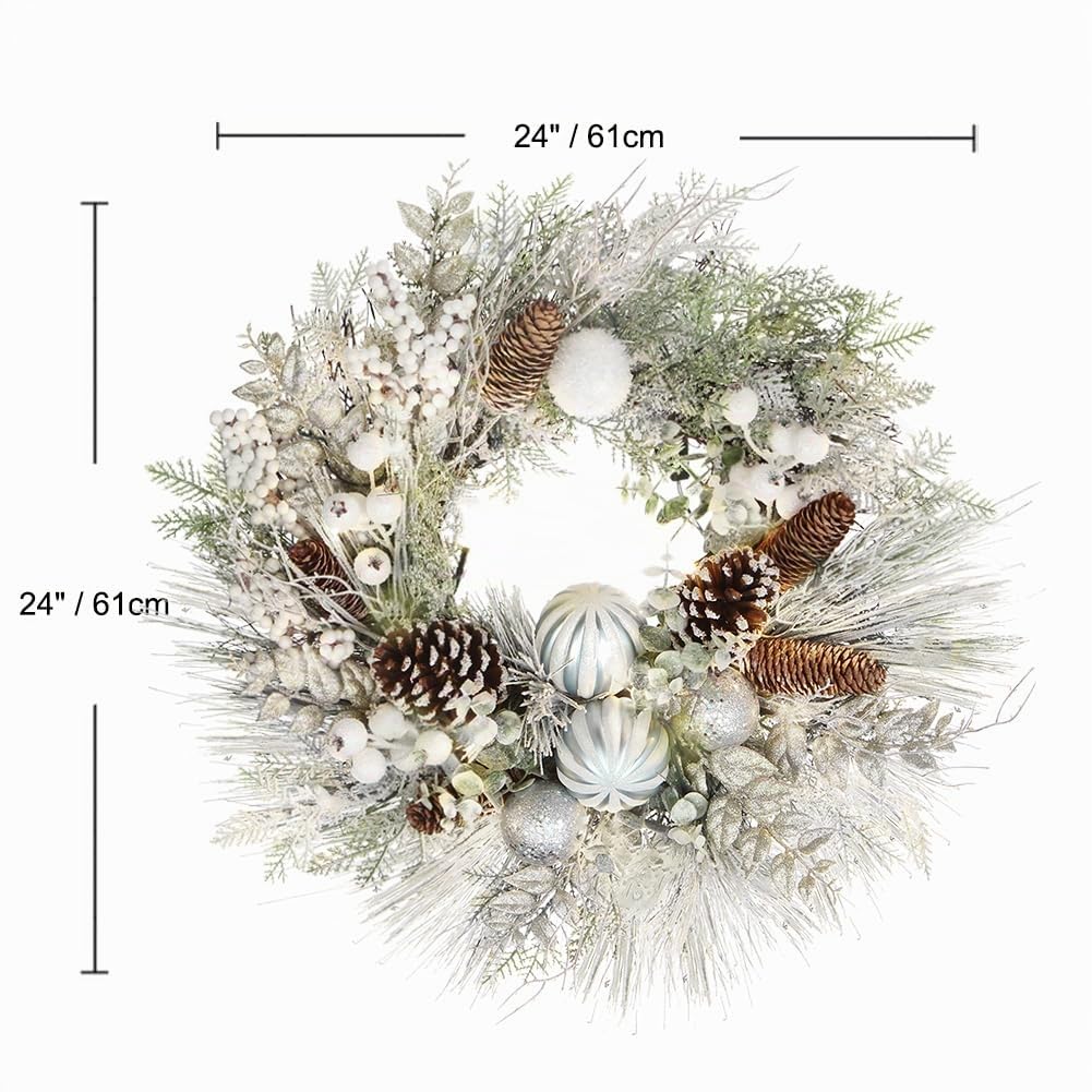 Ø61cm Weihnachtskranz Künstlicher Kranz mit Dekorative Weihnachtskugeln, Tannenzapfen, Beeren für Haustür, Hauswandbehang oder Weihnachtsdekoration, Winterschmuck Winterschmuck