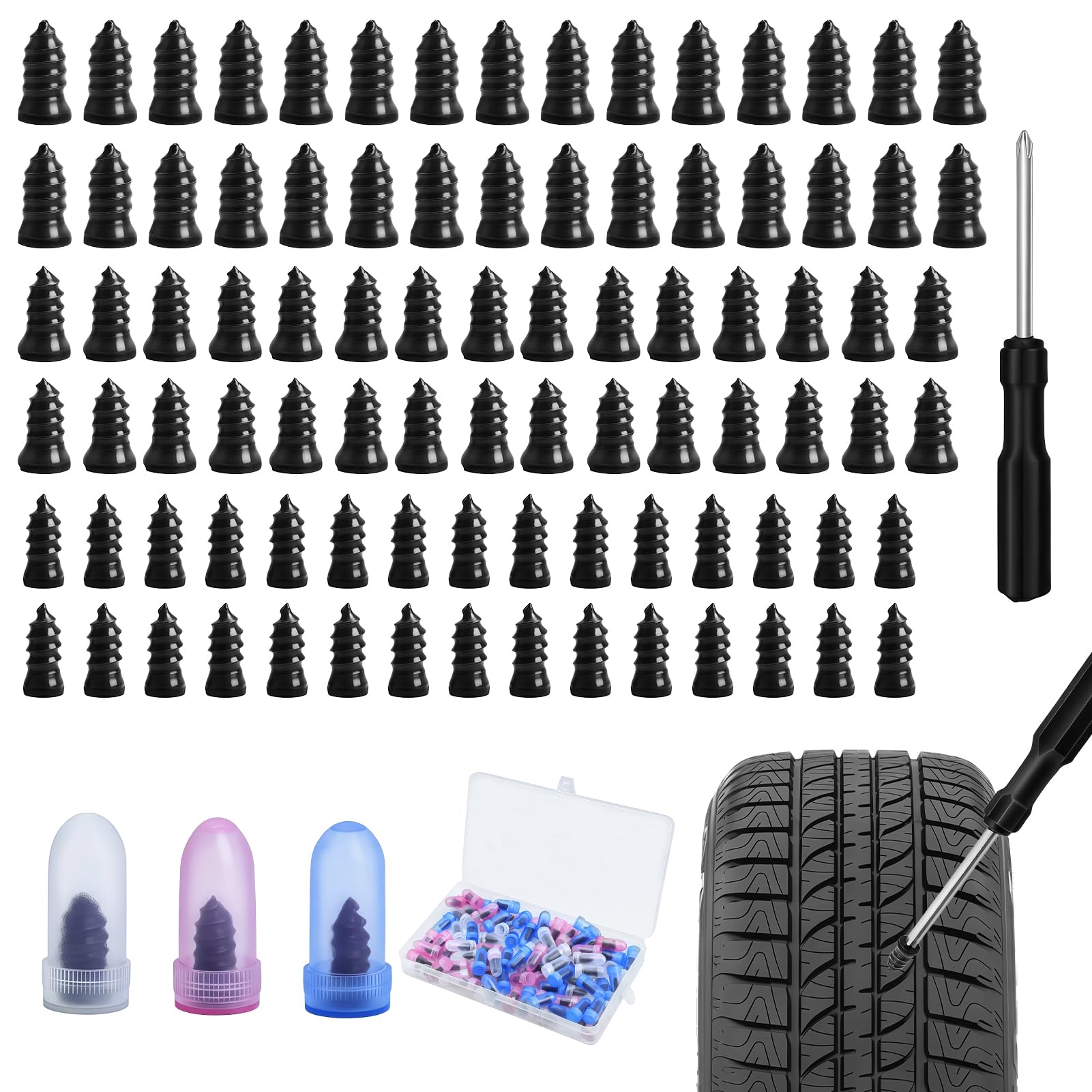 Wriligel 90pcs Tyre Repair Kit, Tubeless Puncture Screws with Screwdriver, Self-Service Rubber Nails for Car Motorcycle Truck Bike, Emergency Flat Plugs, 3 Sizes
