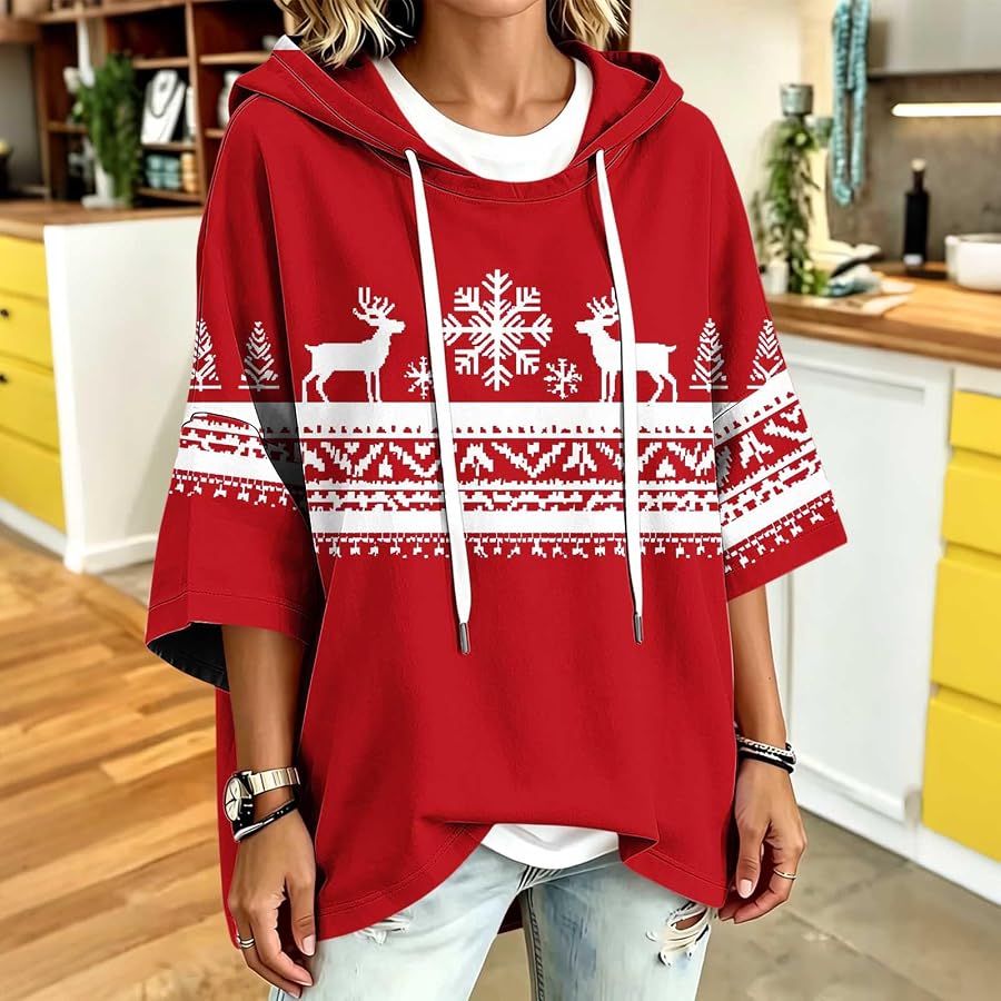 Weihnachtspullover Damen Weihnachten Pullover 3/4 Arm Hoodie Sweatshirt | Guhmomh Rot L Oberteile Lustig Shirt Winter Festliches Weihnachtspulli Christmas Motiv Hoody mit Kapuze Teenager Mädchen Tops, Bild 3