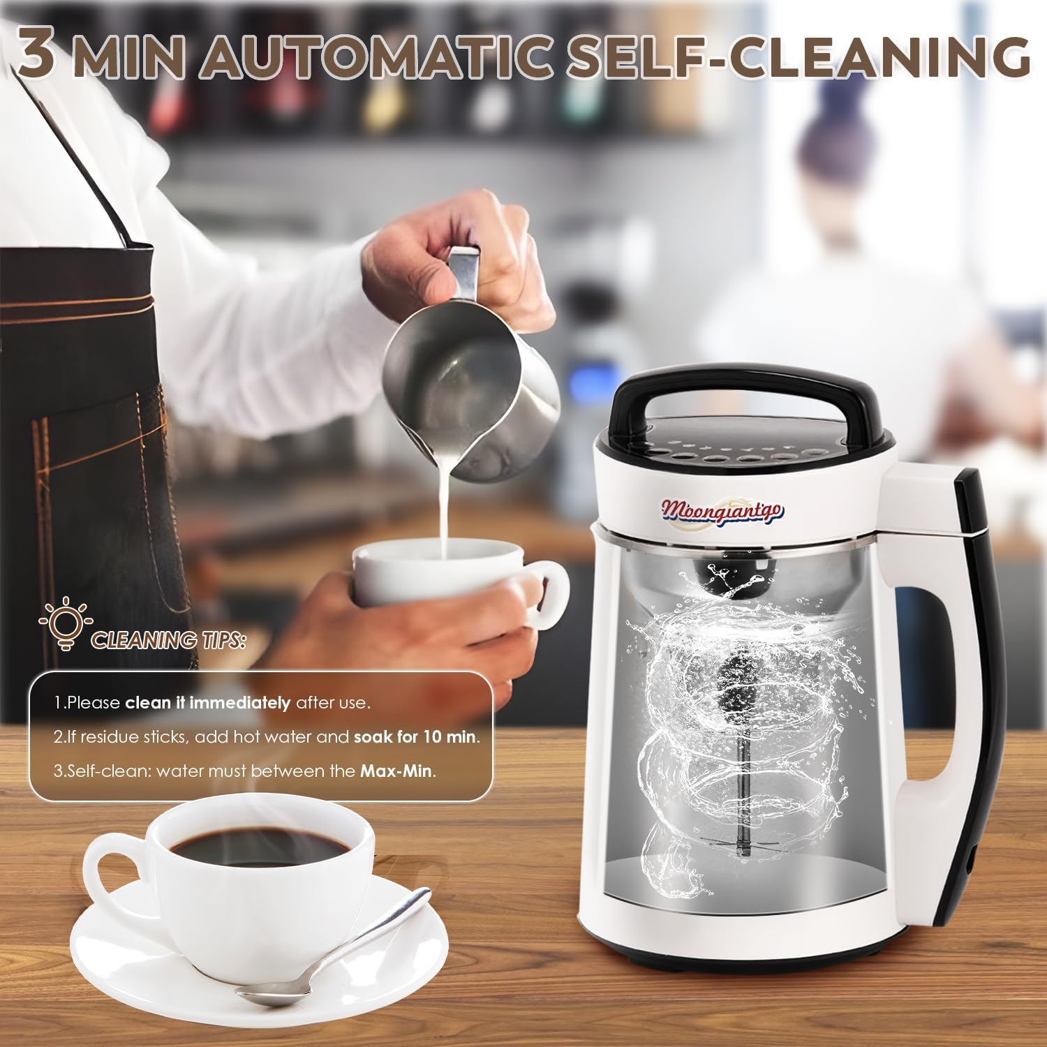 The Moongiantgo Soy Milk Maker performing its automatic self-cleaning cycle with water swirling inside.