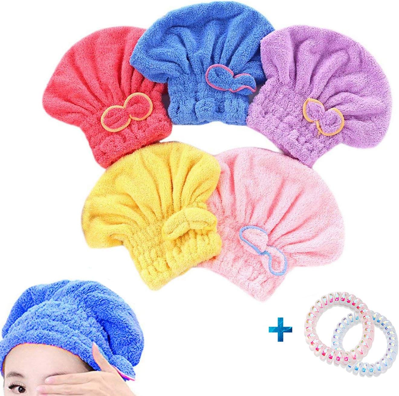 Absorbent Hair Drying Caps, Fast Dry Hair Towels Elastic Microfiber Bath Wraps for Girls and Women (5 Pack)