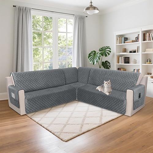 Miniatura 7 de HDCAXKJ Funda impermeable para sofá modular esquinero, de terciopelo en forma de L, para mascotas, perros, suave, resistente, en forma de U, juego