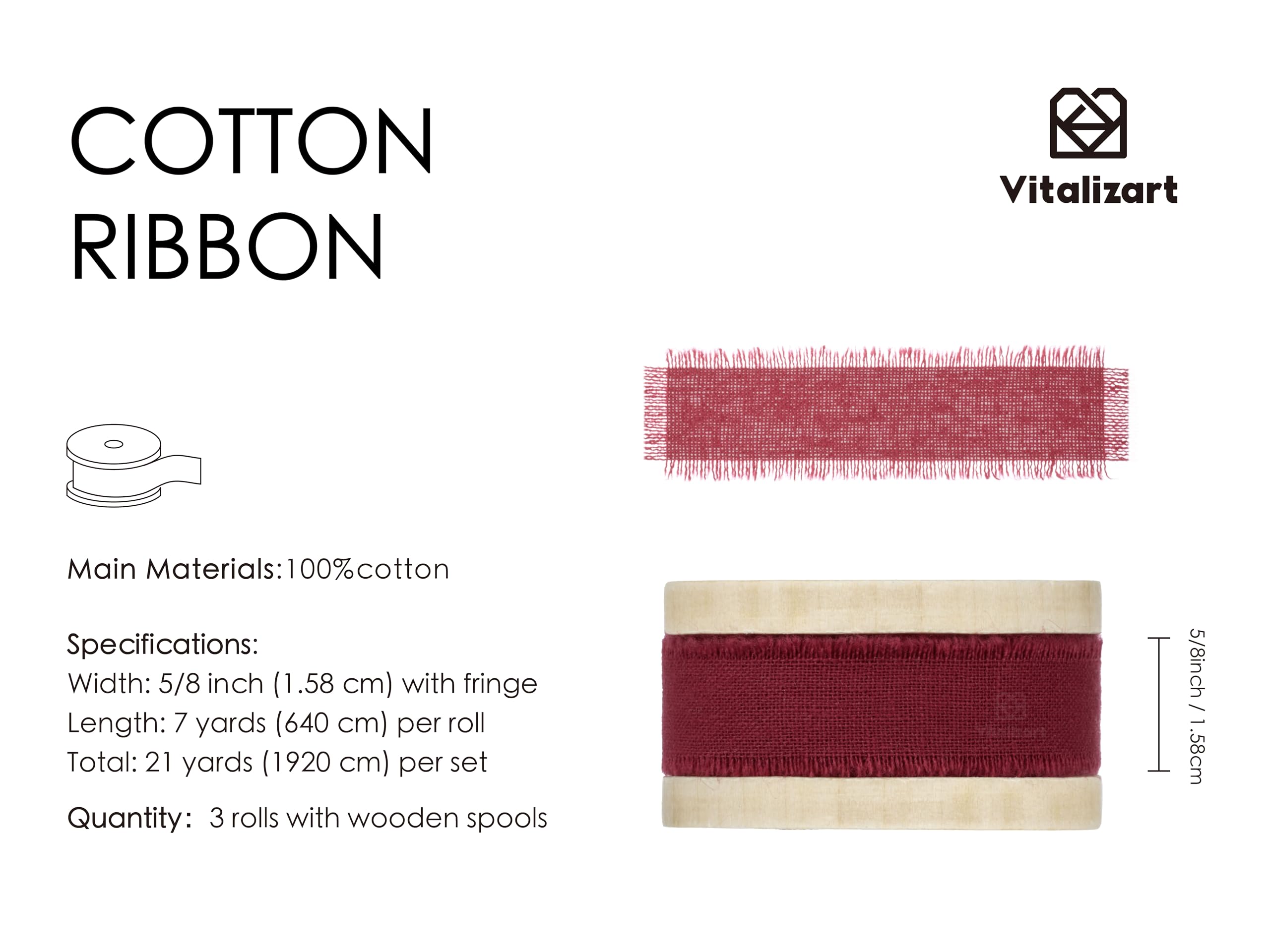 Vitalizart Natural Cotton Ribbon 5/8" x 21Yd Burgundy, 3 Rolls*7Yd Handmade Fringe - Image 2