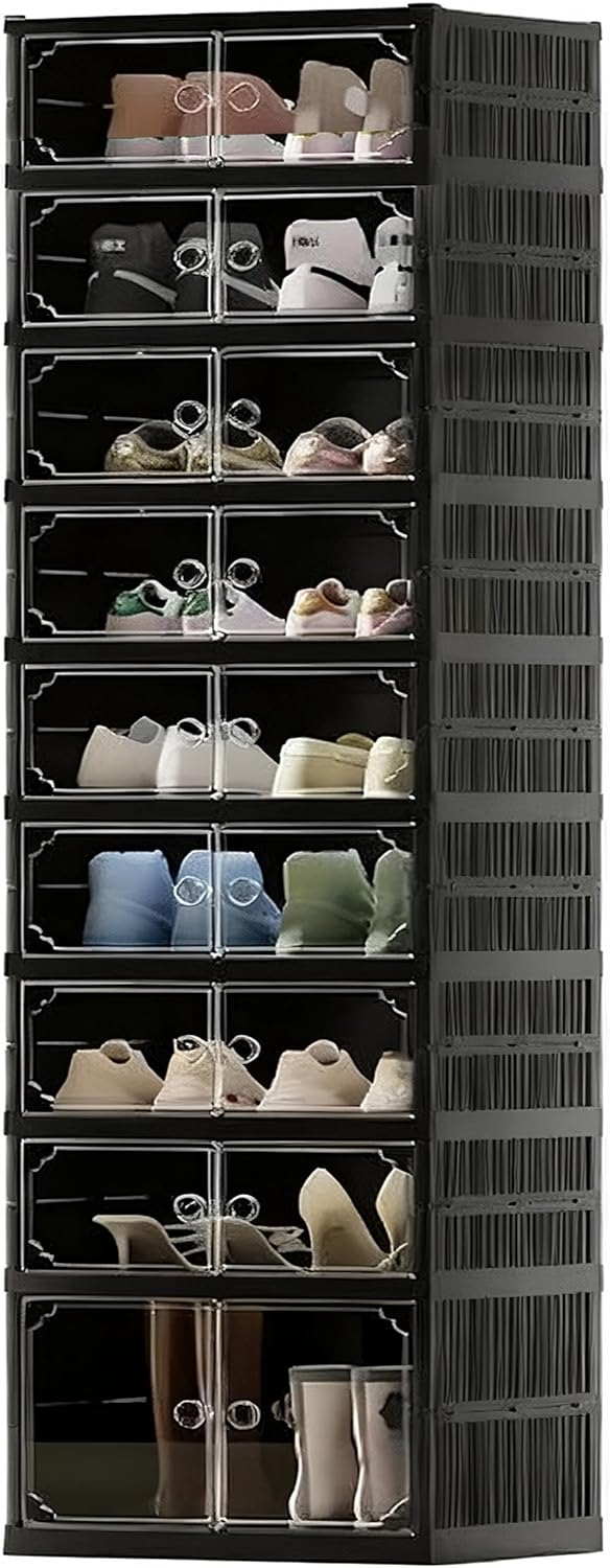 9 Tiers 18 Pairs Foldable Shoe Rack Storage Cabinet, Suitable for Closet Entryway, Collapsible Shoe Storage Organizer Cabinet with Magnetic Door，Easy Assembly (Black, 13.7x17.3x67.1)