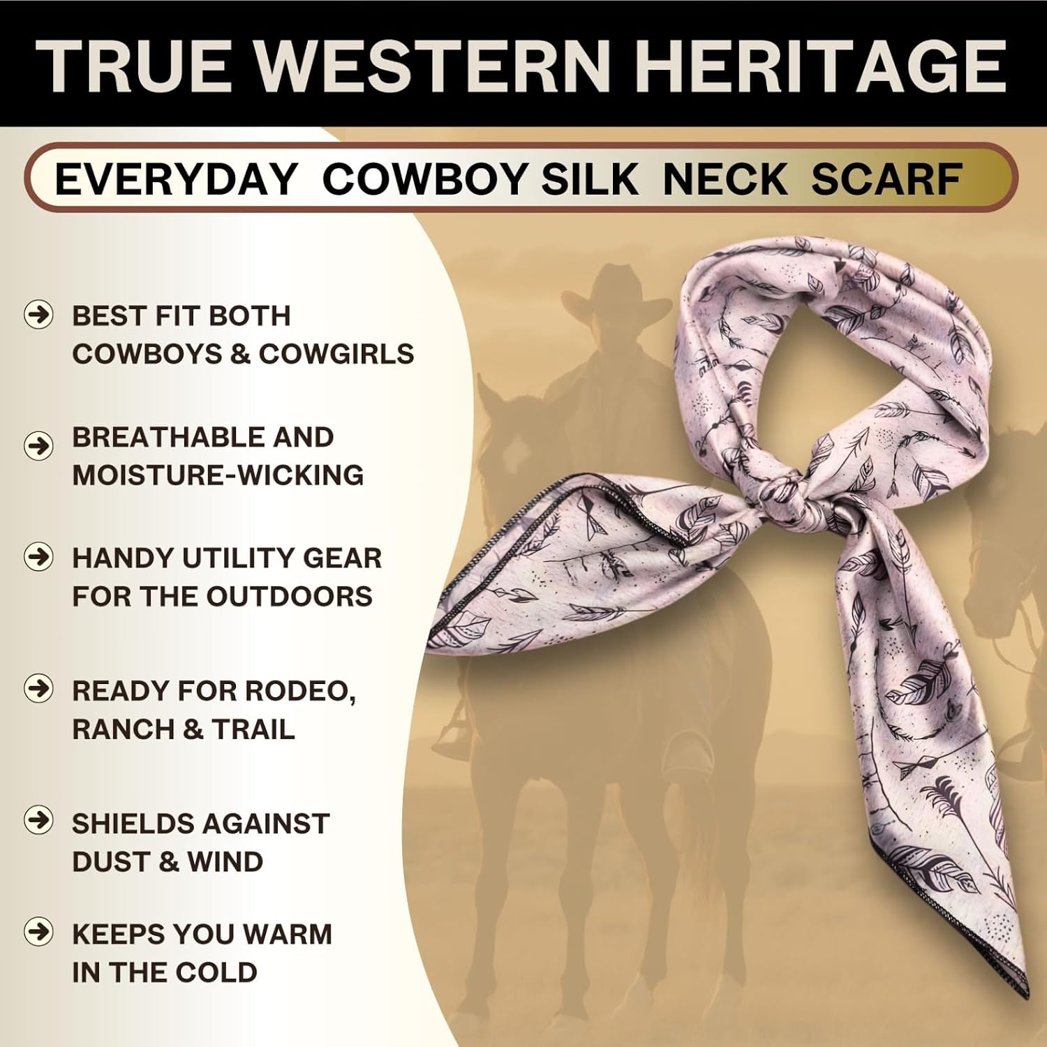 Wild Rag Silk Scarf 36 inch Western Cowboy Bandana Square Silky Wild Rags Grey Feathers Tribal Scarves for Men & Women