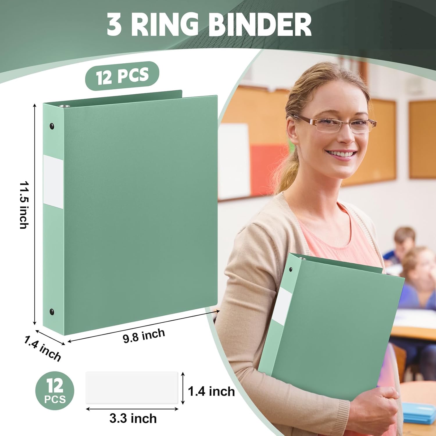Henoyso 12 Pack 1 Inch 3 Ring Plastic Binders, Bulk Flexible PP Binders for Classroom & School Supplies, Letter Size 8.5 x 11, Holds 240 Sheets with Interior Pocket (Sage Green)