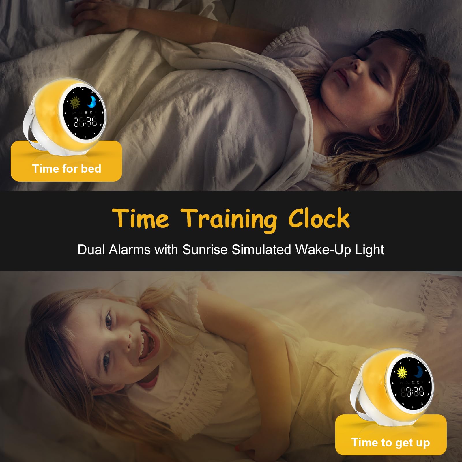 Kids Alarm Clock for Bedroom: Ok to Wake Clock with Sunrise & Moon, Digital White Noise Sound Machine & Night Light for Toddlers/Girl/Boy, Ideal Decor & Sleep Trainer (Adjustable)