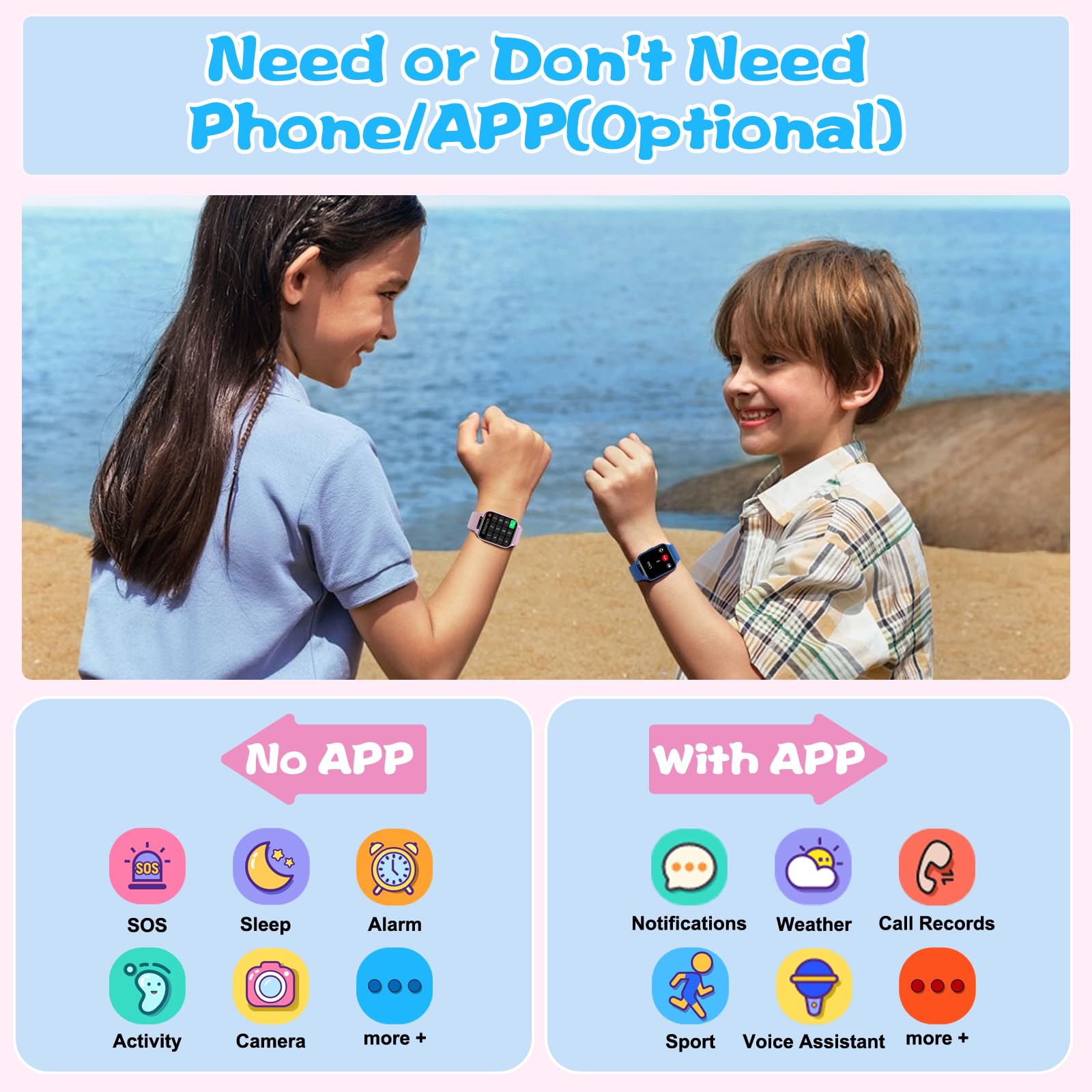 Smart Watch for Kids, 1.85" Fitness Tracker with Heart Rate, Sleep Monitor, IP68 Waterproof Smartwatches with Video Camera Music Player, Pedometer, Game, SOS Button, NO APP/Phone, Gift for Boys Girls.