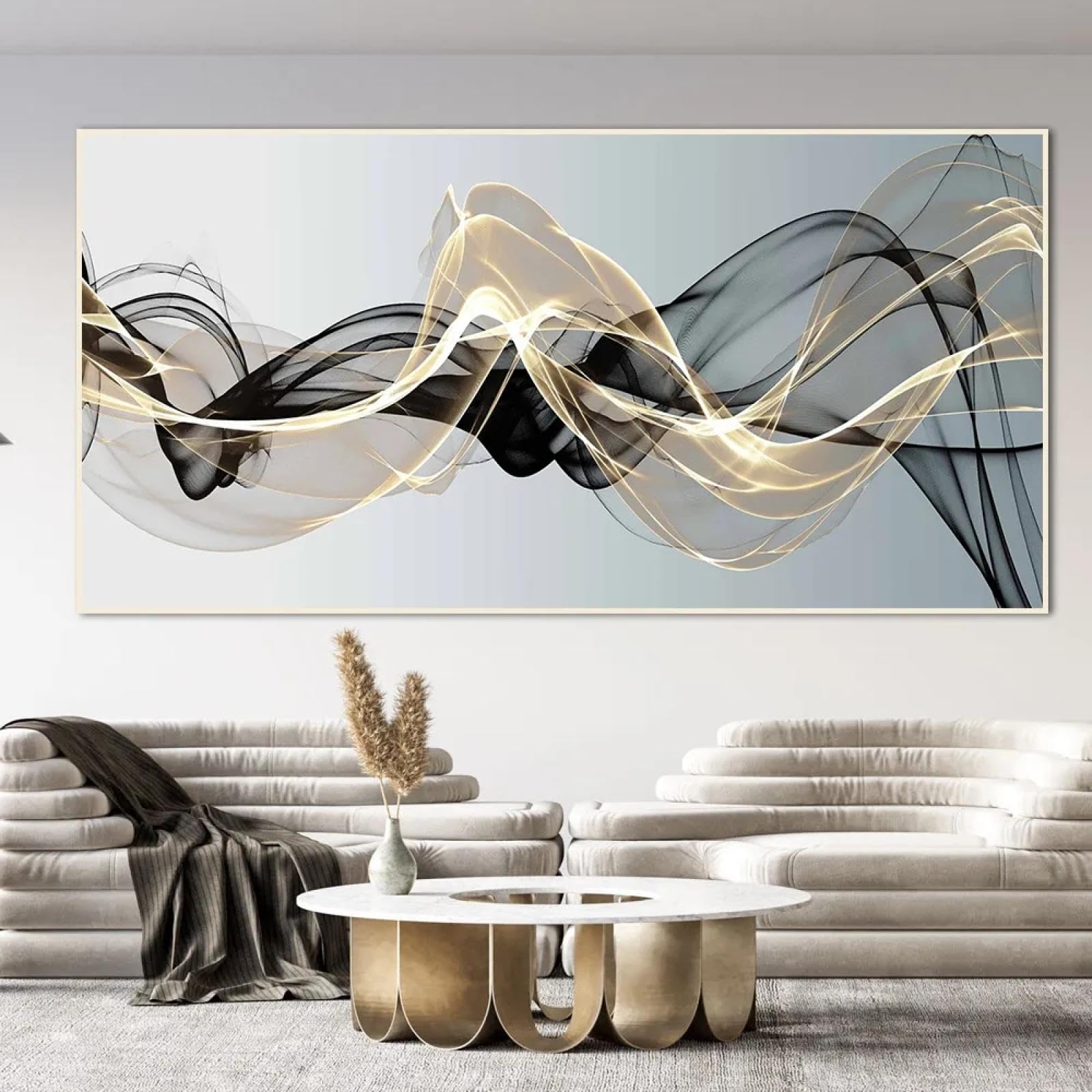 Zhadongli Art With Frame Abstract Floating Black Gold Mesh Canvas Paintings Prints Luxury Wall Art Large Picture Poster For Living Room Home Decor 80X160cm(31X63in) Withframe
