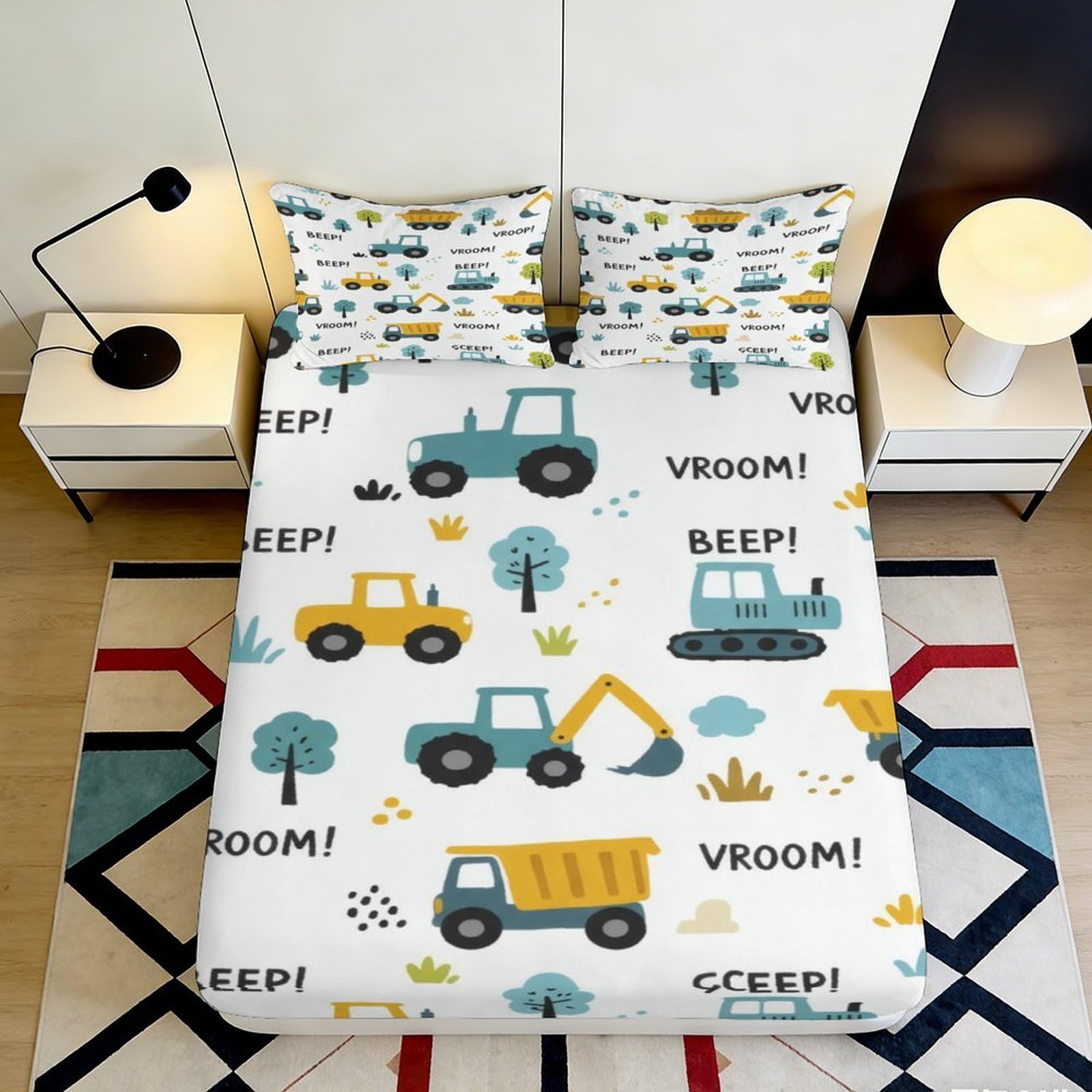 3D Printed Construction Truck Fitted Sheet Microfiber Anti-Slip Cartoon Vehicle Mattress Cover for Bedroom Dorm Home Decor 160x200x25cm