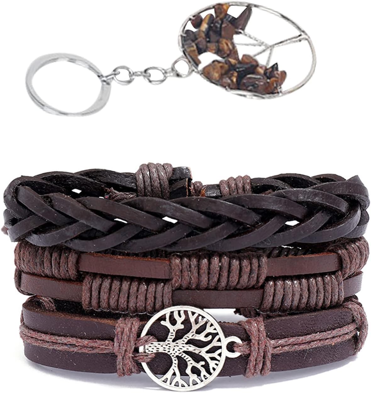 Soulnioi Genuine Leather Tree of Life Bracelets Men Women Elastic Multilayer Bracelets Wristbands and Tiger Eye Stone Tree of Life Key Chain