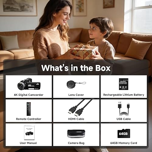 Miniatura 8 de Videocámara, videocámara 4K 56MP grabadora de video digital 18X zoom 3" pantalla táctil de rotación 270 visión nocturna IR, cámara wifi para vlogs