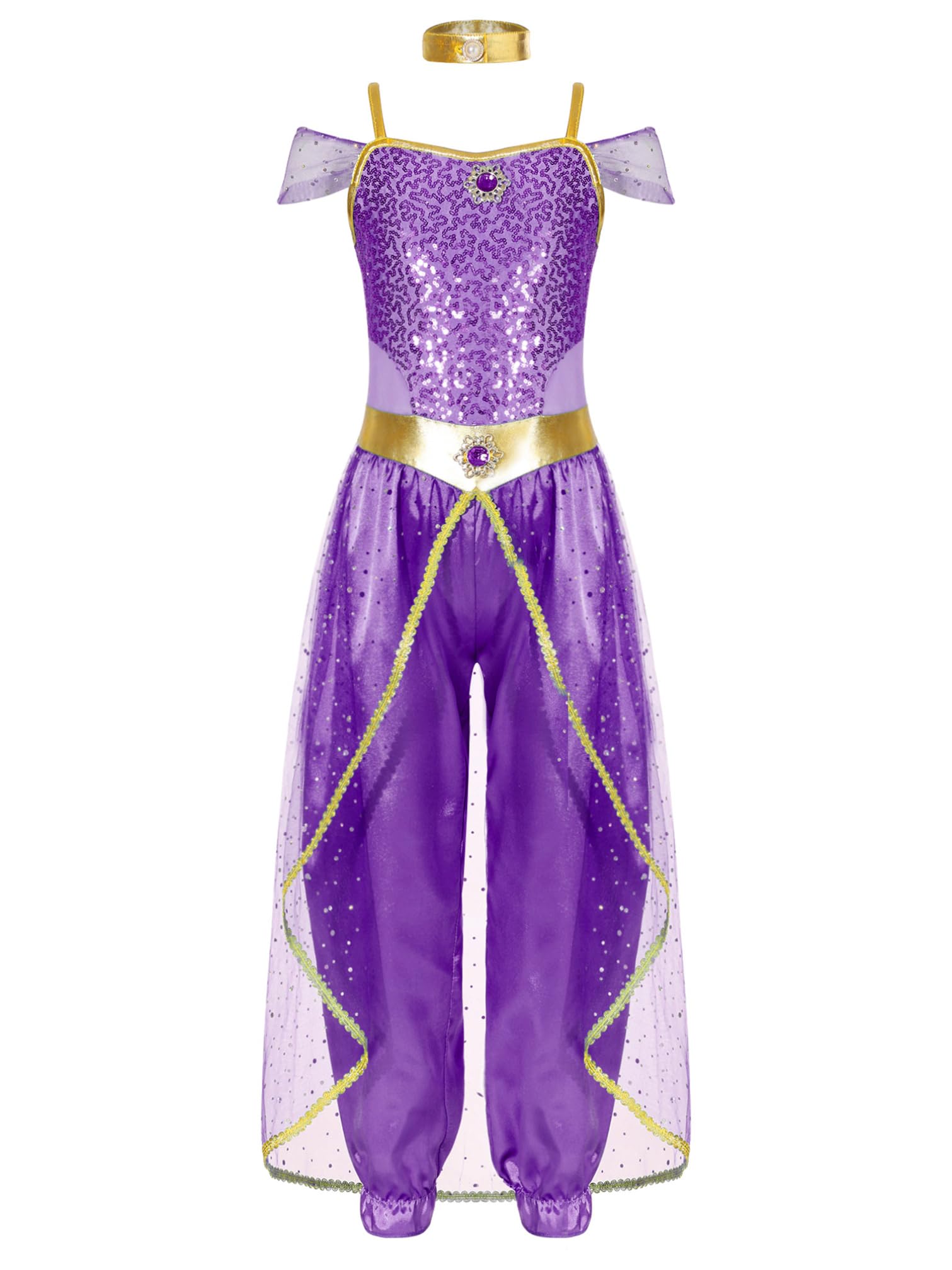 iiniim Disfraz de Princesa Árabe para Niña Mono Vestido de Princesa Jazmín con Lentejuelas Traje de Danza del Vientre para Halloween Navidad Carnaval Fiesta