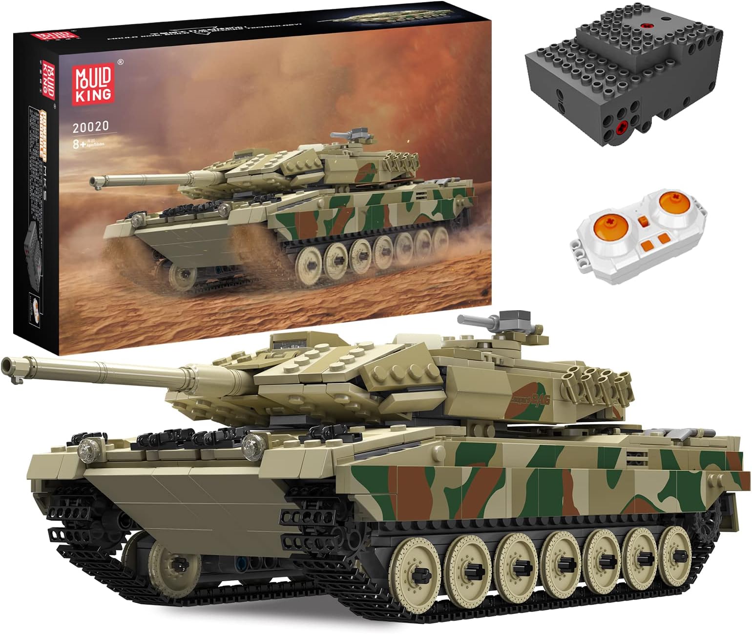 20020 MOC Technique Leopard 2 Tiger Remote Controlled with Electric Gyroscope and Sound, Transporter Tank, Clamp Blocks Kit (1091 pcs)