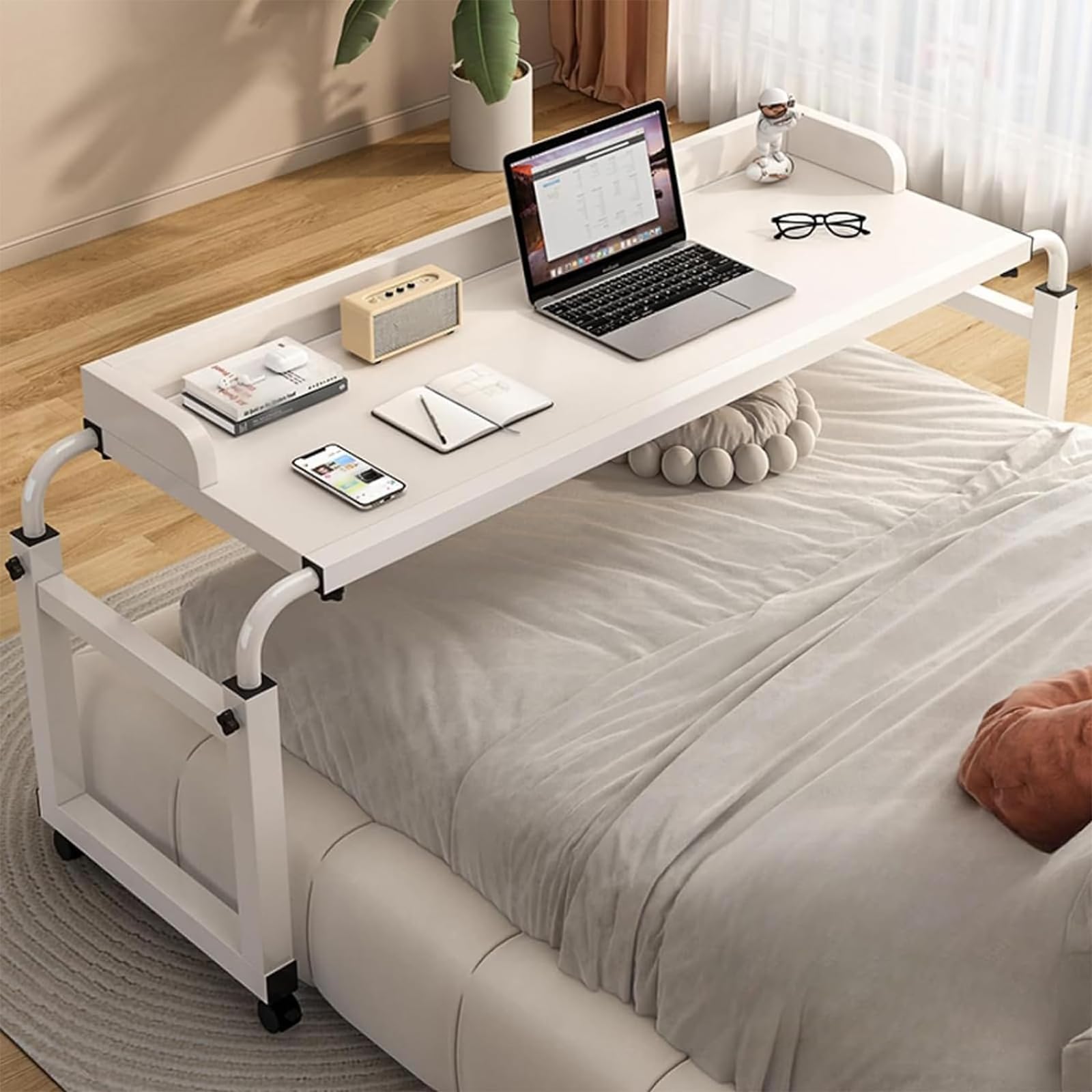 GXQFC Overbed Table, Over Bed Desk Adjustable 115-210cm Computer Desk Mobile Bedside Table with 4 Wheels Food Tray Desk Rolling Medical Table for Full/Queen/King Size Bed Frame(Color:White)