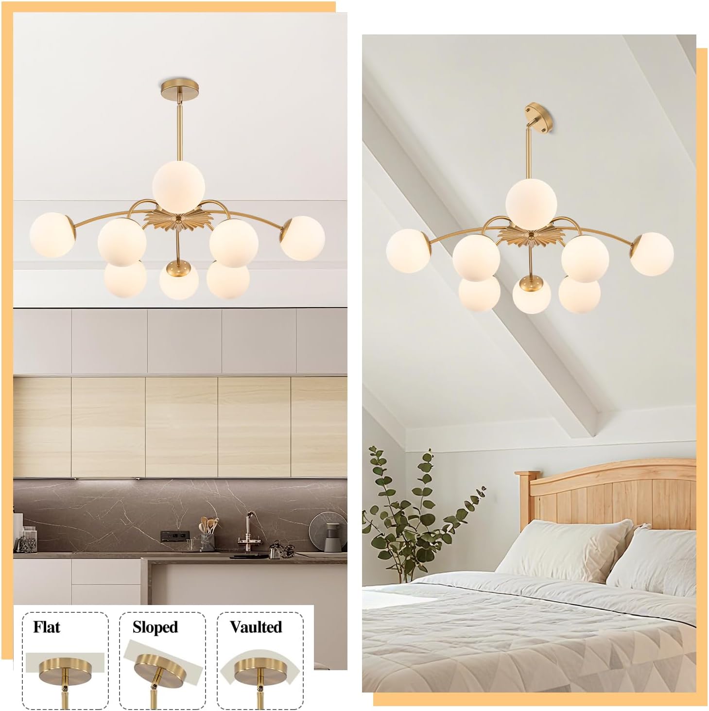 Longree 8-Light Gold and White Sputnik Chandeliers with Milk Glass Bubble Pendant Light Fixture, Blossom Accent Mid Century Sunburst Chandelier Frosted Glass Lighting for Dining Entry Living