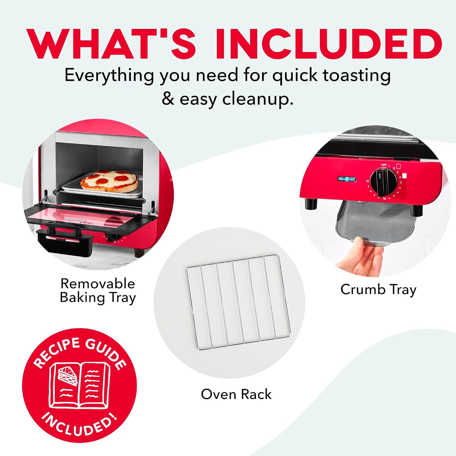 Dash Mini Toaster Oven | Small Toaster Oven for Dorms, Apartments, & Small Kitchens, Adjustable Timer Dial with Auto Shutoff, Removable Cooking Tray & Crumb Catch, Red