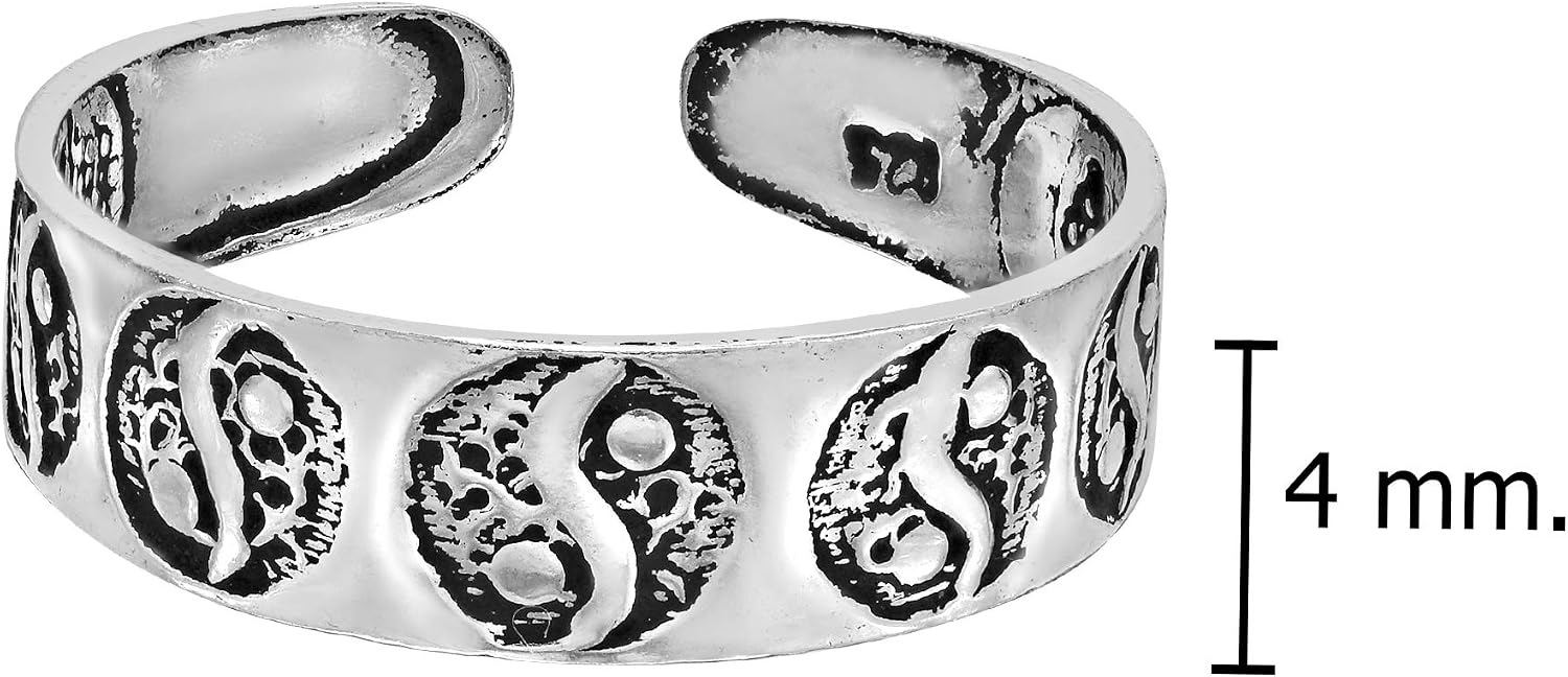 AeraVida .925 Sterling Silver Adjustable Toe Ring or Pinky Ring 5mm Wide Open Band, Stackable Minimalist Summer Foot Jewelry | Sun Moon Star Turtle Butterfly Leaf Olive Branch Ocean Wave Yin Yang Design