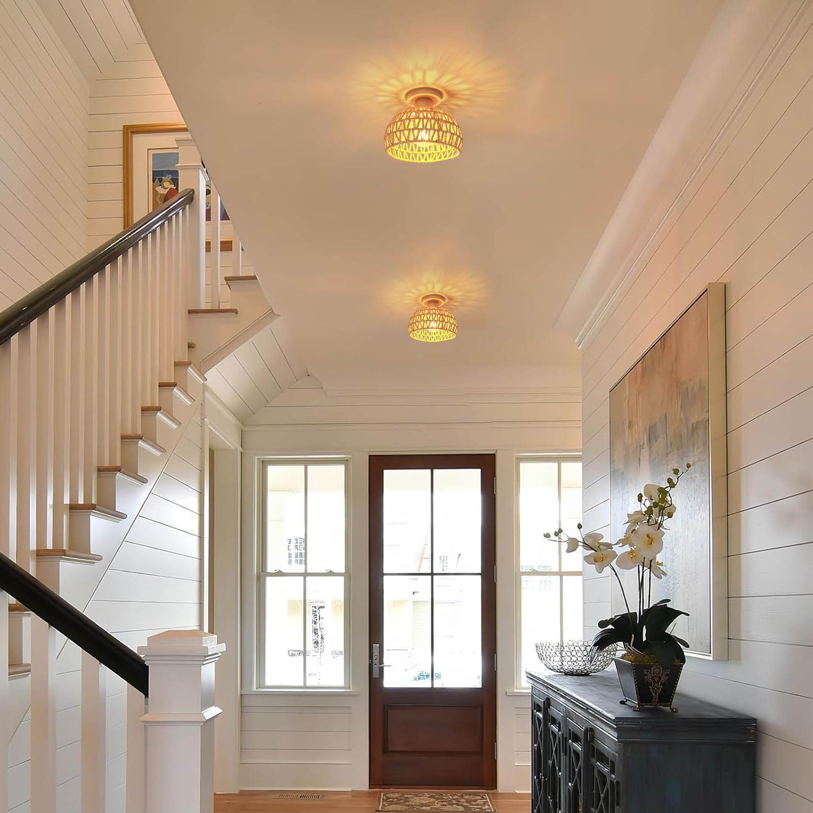 iDEGU 2 Pezzi Lampade da Soffitto in Legno 25cm Paralume Rattan Stile Boho Lampadario da Soffitto E27 Illuminazione Retrò Plafoniera Decorazione per Camera da Letto Ingresso Corridoio Caffè (Marrone)