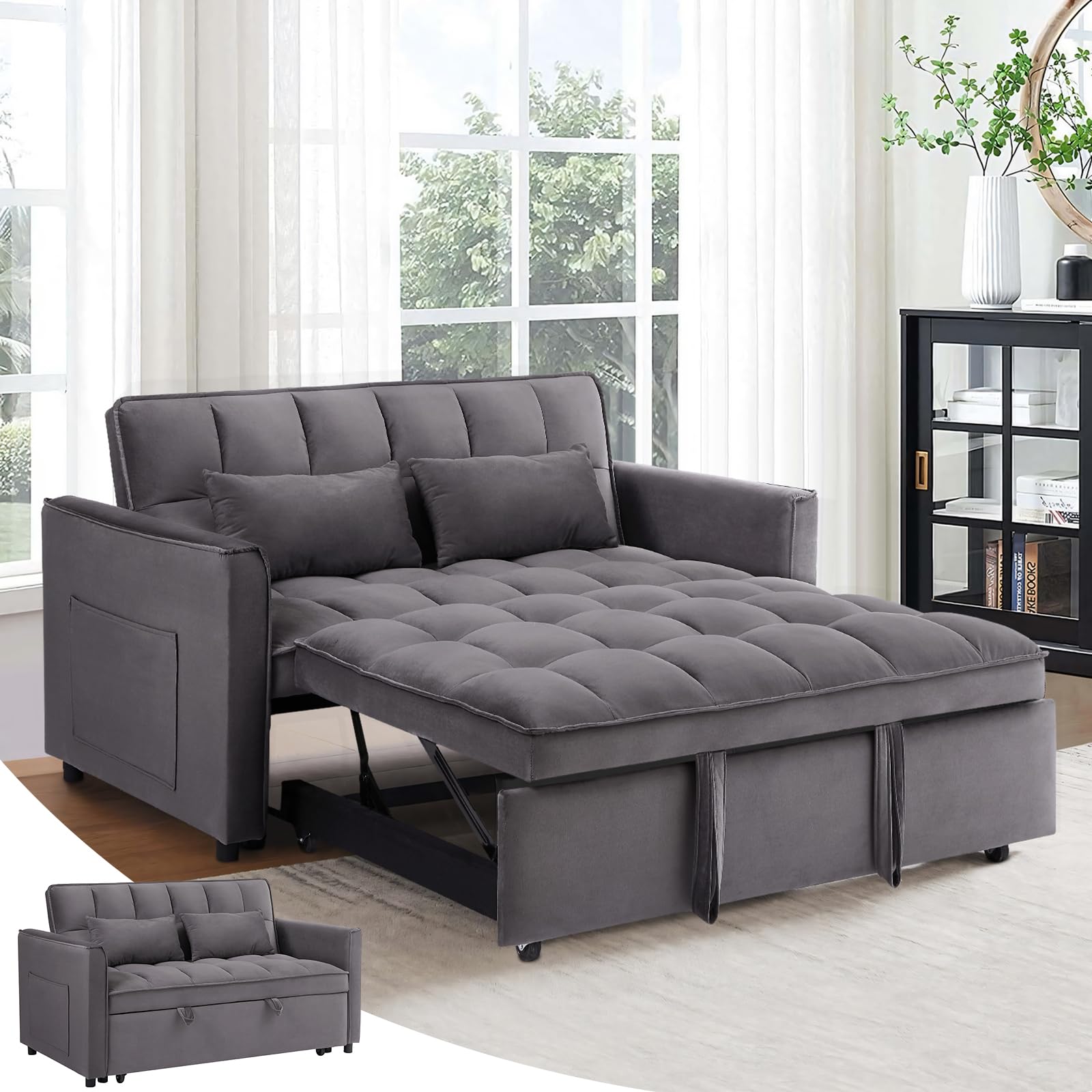 Antetek 3 in 1 Convertible Sleeper Sofa Bed, Modern Velvet Loveseat Futon Couch w/Pullout Bed, Small Love Seat Lounge Sofa w/Reclining Backrest, Toss Pillows, Furniture for Living Room, Dark Grey