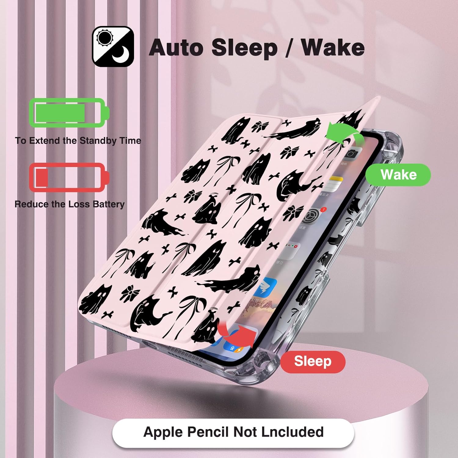 Black Dog iPad mini 6/7 Case 8.3-Inch (2021/2024) Cute Puppy Cover for Kids, Tri-Fold Stand, Auto Sleep/Wake,Black Bow Aesthetic Girly Protective Accessories,Cartoon Ghost