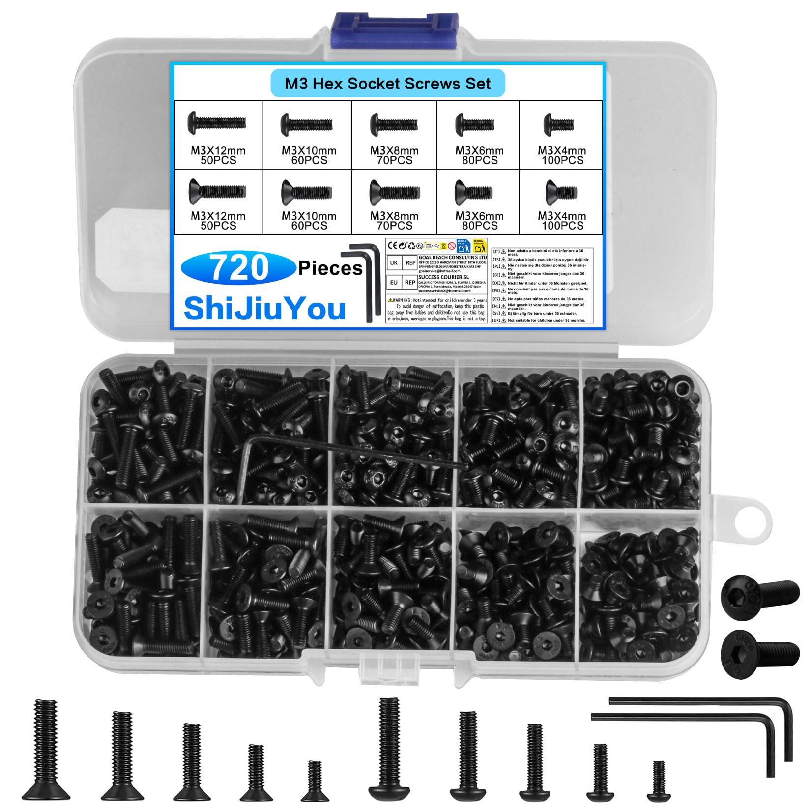 720 Pcs M3 Screws Set, Metric Black Bolts, Flat Countersunk Hex Socket Screw Set & Round Pan Head Hex Socket Head Cap Screws Bolts, Machine Screwsset, with 2 Wrenches
