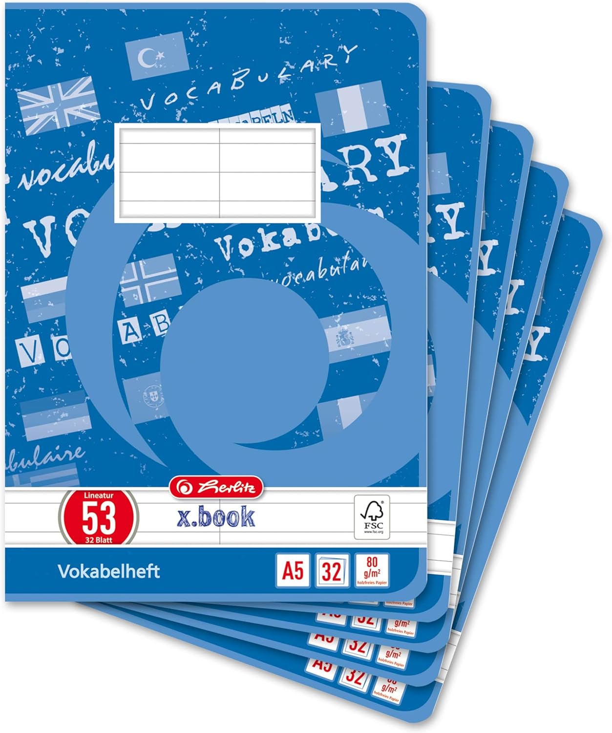 Herlitz Vocabulary Book A6 60 Sheets FSC Mix A4, 32 Sheets, Lined with Centre Line, Ruling 53