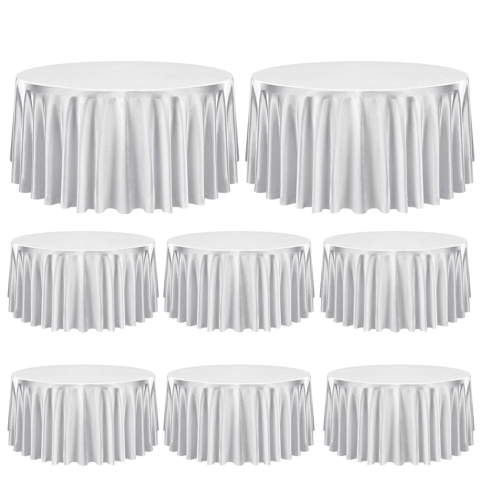 FXKS 8 Pack 120 Inch Satin Silver Tablecloth Round,Bright Silky Tablecloth,Silk Smooth Washable Table Cloth,Overlay Silky Table Cover for Wedding