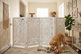 IAnanas Dekoratives Hundegitter aus Mangoholz, 4-teiliges Hundegitter im orientalischen Stil mit Schnitzereien, verstellbare Innenraumbarriere ohne Bohren, 180 × 84 cm, weiße Oberfläche