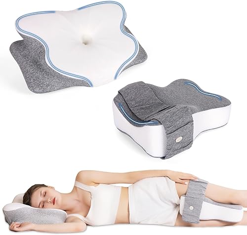 Almohadas de espuma viscoelástica y almohada de rodilla para dormir de lado, juego de 2, almohada contorneada para apoyar el cuello y los hombros,